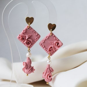 Polymer Clay Earrings, Rose Earrings, Freshwater Pearl, Dangle Earrings, Gift For Her, Statement Earrings, Romantic Earrings, Heart, Pearls