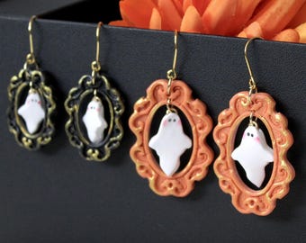 Ghost Earrings, Halloween Earrings, Polymer Clay Earrings, Ghost in a Frame, Frame Earrings, Halloween Earrings Clay, Halloween Earrings