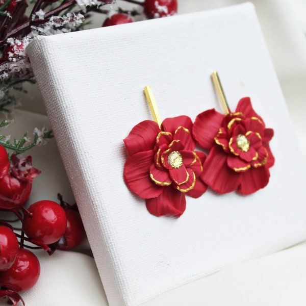 Christmas Flower Earrings, Flower Earrings, Red Flower Earrings, Clay Earrings, Floral Earrings, Christmas Earrings, Statement, Handmade