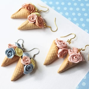 Ice Cream Earrings, Polymer Clay Earrings, Floral Earrings, Miniature food earrings, Statement Earrings, Food Jewelry, Rose Earrings, Summer