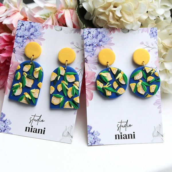 Lemon Earrings, Summer Earrings, Handmade Earrings, Blue, Yellow, Statement Earrings, Spring Earrings, Polymer Clay Earrings, Best Seller