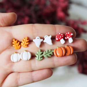 Tiny Stud Earrings, Polymer Clay Earrings, Autumn Stud Earrings, Earring Stud Pack, Fall Earrings, Ghost, Mushroom,Pumpkin Earrings,Handmade