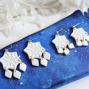 Snowflake Earrings, Polymer Clay Earrings, Winter Earrings, Christmas Earrings, Statement Earrings, Holiday Earrings, White, Glitter, Handmade