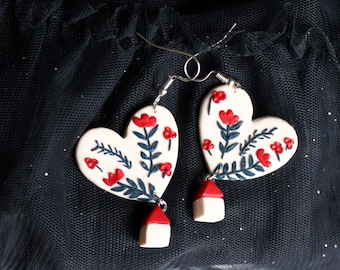 Flying House Earrings, Polymer Clay Earrings, Floral Earrings, Valentines Day Gift for Her, Statement Earrings, Handmade,Unique, Heart, Love