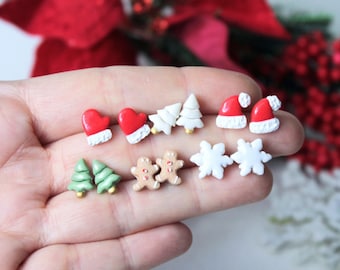 Pendientes de Navidad, Pendientes pequeños, Pendientes de arcilla polimérica, Pendientes de Navidad, Stud Pack, Hombre de jengibre, Árbol de Navidad, Copo de nieve