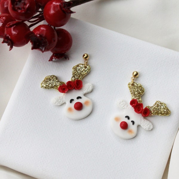 Reindeer Christmas Earrings, Christmas Clay Earrings, Polymer Clay Earrings, Winter Earrings, Holiday Earrings, Handmade, Gift for her, Cute