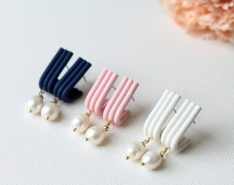 Polymer Clay Stud Earrings, Elegant Earrings, Huggie Earrings, Minimalistic, Freshwater Pearl, Gift For Her, Clay Earrings, Unique, White