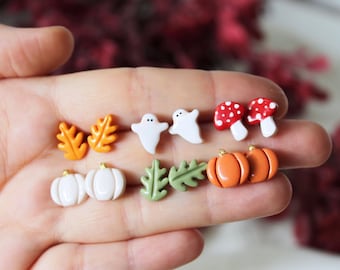 Tiny Stud Oorbellen, Polymeer Klei Oorbellen, Herfst Stud Oorbellen, Earring Stud Pack, Val Oorbellen, Ghost, Paddestoel, Pompoen Oorbellen, Handgemaakt