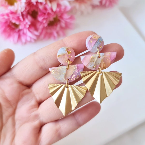 Statement Earrings, Earrings, Clay Earrings, Pink, Blue, Peach, Elegant Earrings, Polymer Clay Earrings, Aesthetic, Gold, Unique Earrings