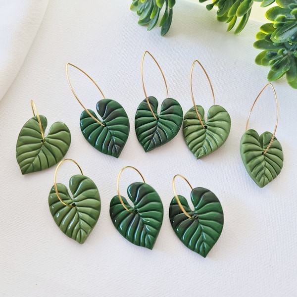 Leaf Hoops, Polymer Clay Earrings, Leaf Earrings, Green, Nature, Statement Earrings, Plant Earrings, Clay Earrings, Earrings, Handmade, Gift