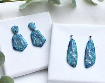 Blue Earrings, Statement Earrings, Marble Clay Earrings, Elegant Earrings, Polymer Clay Earrings, Aesthetic, Handmade Earrings,Clay Earrings