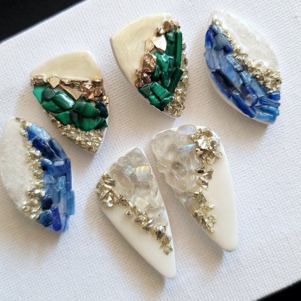 Gemstone Earrings, Stud Earrings, Clay Earrings, Crystal Earrings, Malachite, Blue Kyanite, Moonstone, Handmade, Statement Earrings, Geode Art
