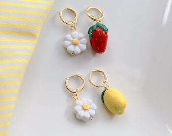 Brincos fofos de morango, limão e margarida, brincos com pingente de frutas, joias artesanais em argila polimérica, brincos de limão, brincos de morango, verão, presente