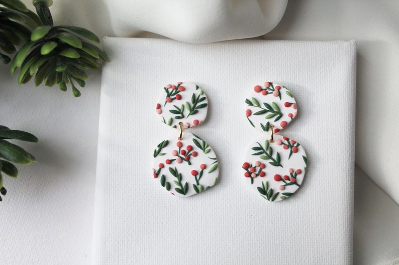 Polymer Clay Earrings, Christmas Earrings, Statement Earrings, Leaf Earrings, Winter Earrings, Holiday Earrings, Clay Earrings, Mistletoe image 1