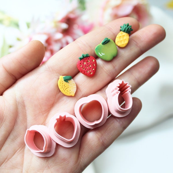 Fruit Stud Polymer Clay Cutters, Fruit Polymer Clay Cutters, Clay Cutter Studs, Lemon, Strawberry, Pineapple, Apple Polymer Clay Cutters