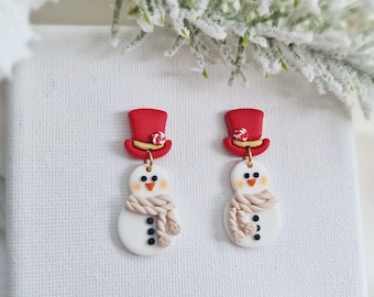 Snowman Earrings, Christmas Earrings, Winter Earrings, Polymer Clay Earrings, Holiday Earrings, Clay Earrings, Handmade Jewelry, Snow, White