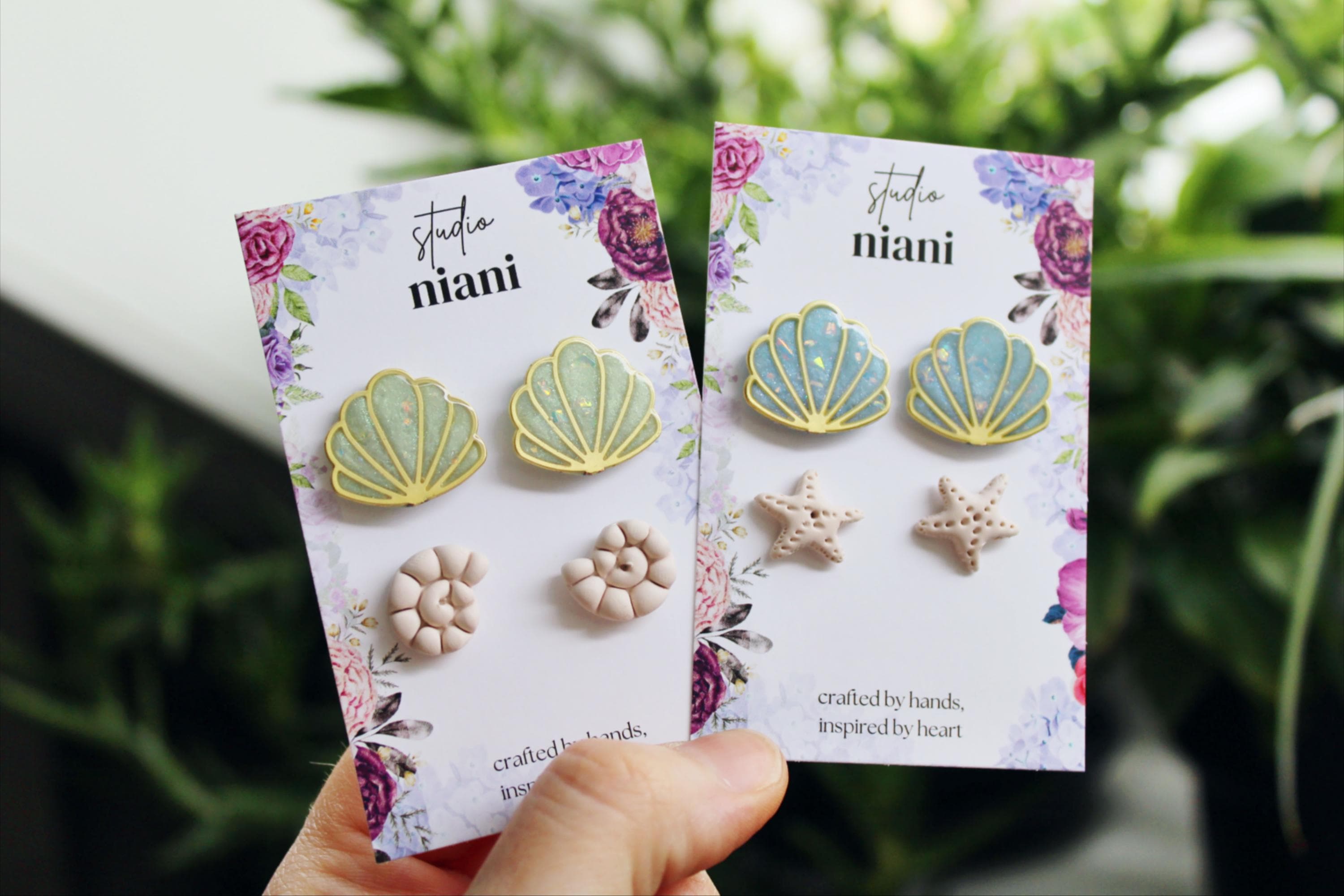 Shell Stud SET, Summer Stud Earrings, Seashell, Starfish, Polymer Clay Stud Earrings, Stud Pack, Light Blue and Green, Marble, Handmade