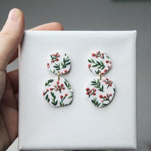 Polymer Clay Earrings, Christmas Earrings, Statement Earrings, Leaf Earrings, Winter Earrings, Holiday Earrings, Clay Earrings, Mistletoe image 3