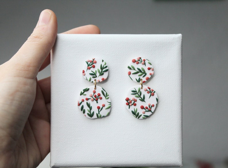 Polymer Clay Earrings, Christmas Earrings, Statement Earrings, Leaf Earrings, Winter Earrings, Holiday Earrings, Clay Earrings, Mistletoe image 3