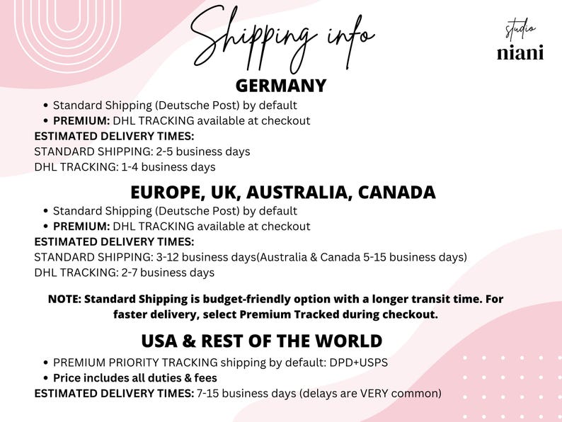 May include: A white informational graphic with pink abstract shapes and the text Studio niani in the top right corner. The document outlines shipping details for Germany, Europe, UK, Australia, Canada, USA, and the rest of the world.