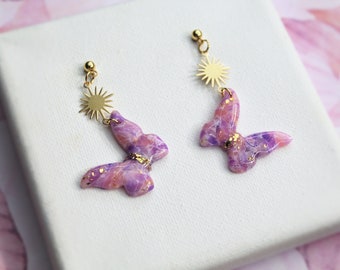 Polymer Clay Earrings, Butterfly Earrings, Sun Earrings, Elegant, Spring Earrings, Clay Earrings, Purple, Gold, Handmade, Gift for Her, Gift