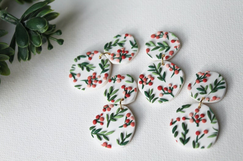 Polymer Clay Earrings, Christmas Earrings, Statement Earrings, Leaf Earrings, Winter Earrings, Holiday Earrings, Clay Earrings, Mistletoe image 5