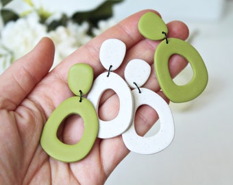 Large Statement Earrings, Dangle Earrings, Statement Earrings, Polymer Clay Earrings, Spring Earrings, Modern Earrings, Green, White