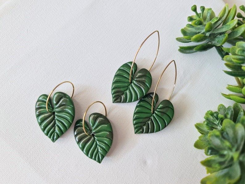 Leaf Hoops, Polymer Clay Earrings, Leaf Earrings, Green, Nature, Statement Earrings, Plant Earrings, Clay Earrings, Earrings, Handmade, Gift image 3