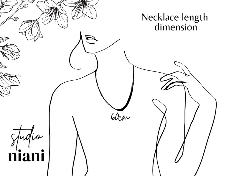 Pode incluir: Uma ilustra&ccedil;&atilde;o de desenho linear em preto e branco mostrando uma dimens&atilde;o de comprimento de colar de 60cm. O gr&aacute;fico apresenta um contorno estilizado de um torso usando um colar, detalhes florais no canto superior esquerdo e o texto studio niani.