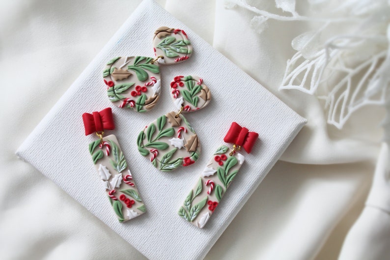 Christmas Earrings, Polymer Clay Earrings, Christmas Earrings Clay, Winter Earrings, Earrings, Clay Earrings, Beige Earrings, Handmade, Gift image 1