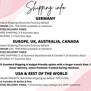 May include: A white informational graphic with pink abstract shapes and the text Studio niani in the top right corner. The document outlines shipping details for Germany, Europe, UK, Australia, Canada, USA, and the rest of the world.