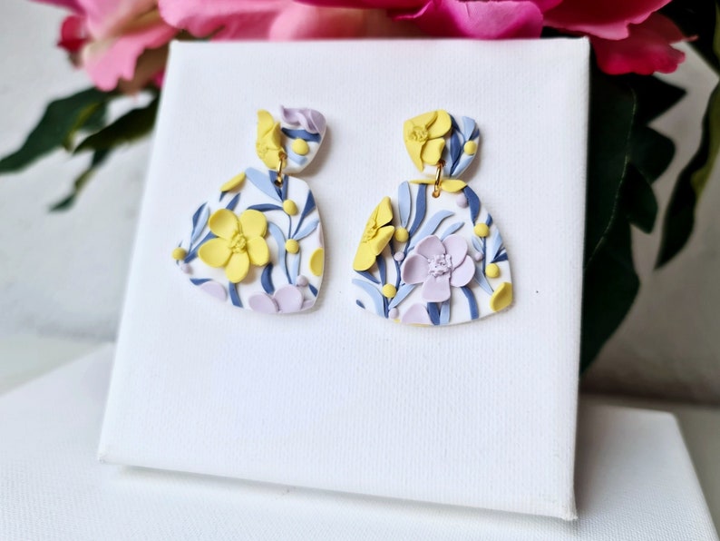 Flower Earrings, Statement Earrings, Polymer Clay Earrings, Floral Dangle Earrings, Spring Earrings, Flower Clay Earrings, Pastel, Handmade image 2