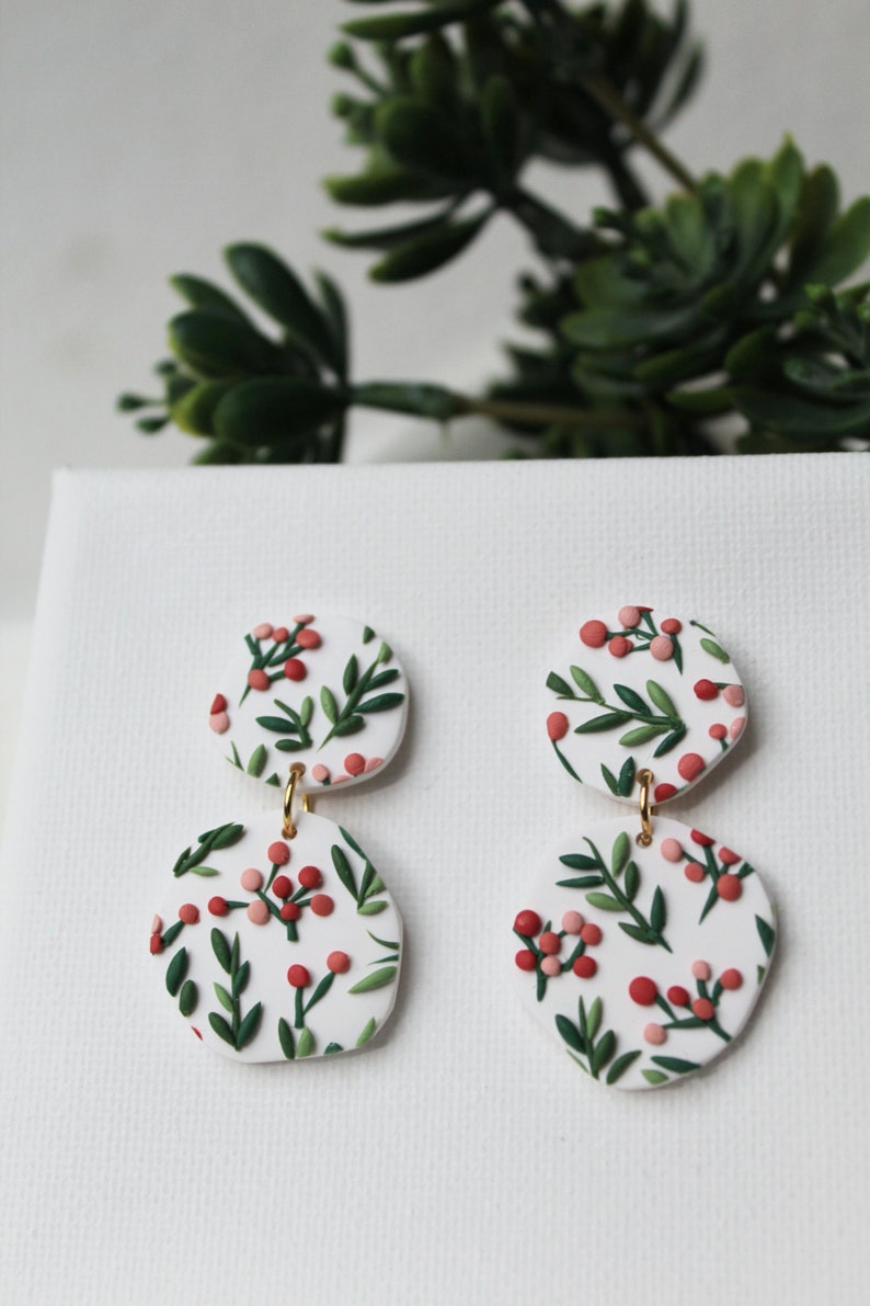 Polymer Clay Earrings, Christmas Earrings, Statement Earrings, Leaf Earrings, Winter Earrings, Holiday Earrings, Clay Earrings, Mistletoe image 4