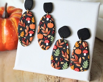 Autumn Earrings, Polymer Clay Earrings, Statement Earrings, Mushroom, Black Earrings, Earrings, Clay Earrings, Black Earrings, Handmade,Gift