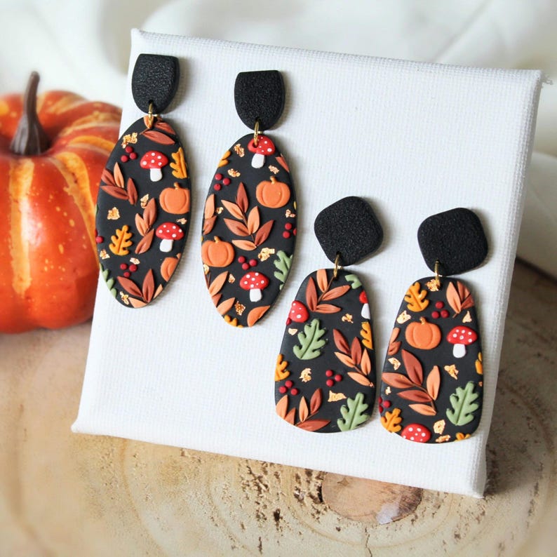 Autumn Earrings, Polymer Clay Earrings, Statement Earrings, Mushroom, Black Earrings, Earrings, Clay Earrings, Black Earrings, Handmade,Gift image 1