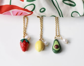 Colar de Verão, Colar de Frutas, Abacate, Morango, Limão, Colar de Argila Polimérica, Colar Colorido, Feito à Mão, Colar com Pingente Pequeno, Presente