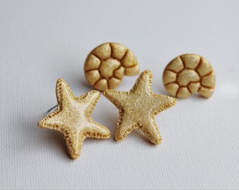 Seashell Stud Earrings SET, Summer Stud Earring Set, Polymer Clay Stud Earrings, Stud Pack, Summer Earrings,Handmade,Stud Set, Gold Starfish