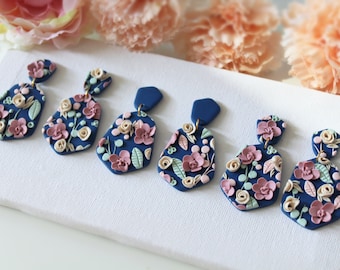Blue Floral Earrings, Polymer Clay Earrings, Flower Earrings, Statement Earrings, Floral Earrings Dangle, Flower Clay Earrings, Handmade