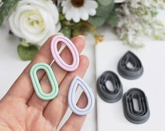 Cortador geométrico para argila polimérica, cortador oval art déco para argila, cortador para brincos de argila polimérica, oval com linhas, cortador oval em formato de gota para argila polimérica