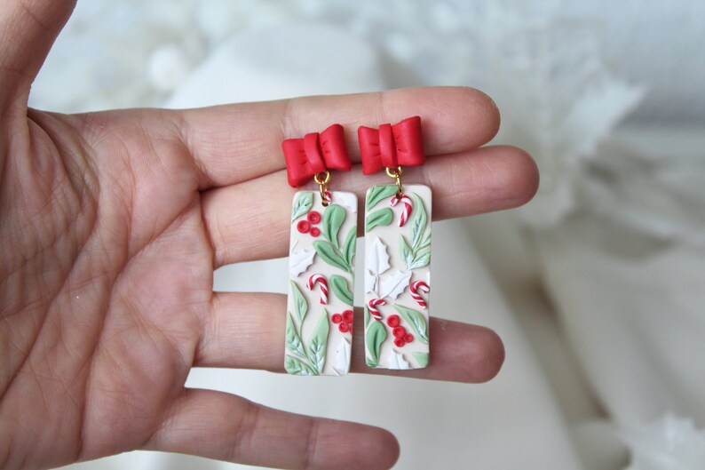 Christmas Earrings, Polymer Clay Earrings, Christmas Earrings Clay, Winter Earrings, Earrings, Clay Earrings, Beige Earrings, Handmade, Gift Rectangle Shape