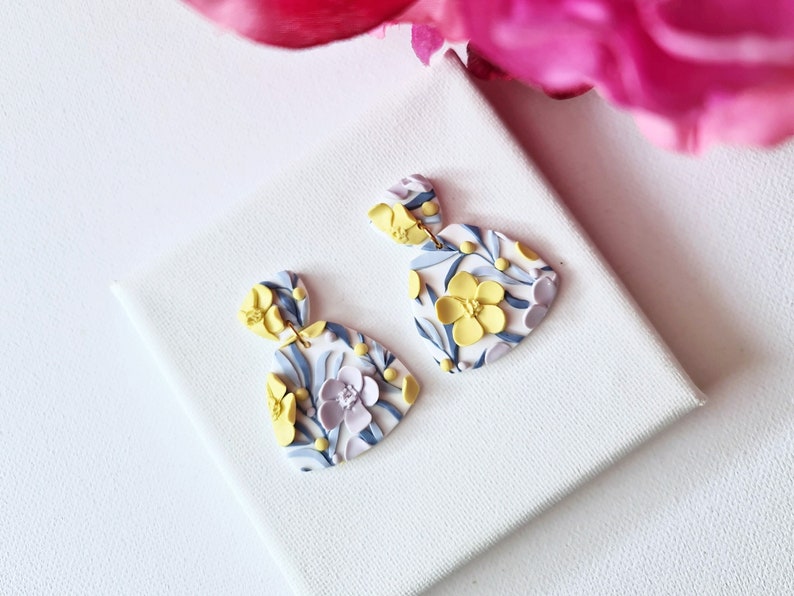 Flower Earrings, Statement Earrings, Polymer Clay Earrings, Floral Dangle Earrings, Spring Earrings, Flower Clay Earrings, Pastel, Handmade image 3