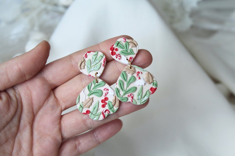 Christmas Earrings, Polymer Clay Earrings, Christmas Earrings Clay, Winter Earrings, Earrings, Clay Earrings, Beige Earrings, Handmade, Gift Oval Shape