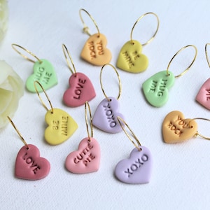 Valentine&#39;s Heart Earrings, Hoop Earrings, Conversation Hearts Earrings, Polymer Clay Earrings, Candy Earrings, Handmade, Gift for Her,Love