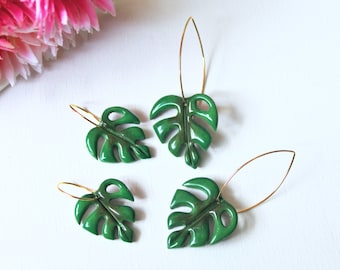 Monstera Leaf Earrings, Leaf Hoops, Polymer Clay Earrings, Leaf Earrings, Green, Nature, Plant Earrings, Clay Earrings, Earrings, Handmade