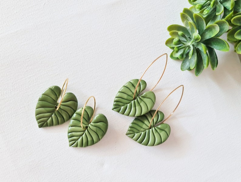 Leaf Hoops, Polymer Clay Earrings, Leaf Earrings, Green, Nature, Statement Earrings, Plant Earrings, Clay Earrings, Earrings, Handmade, Gift image 4