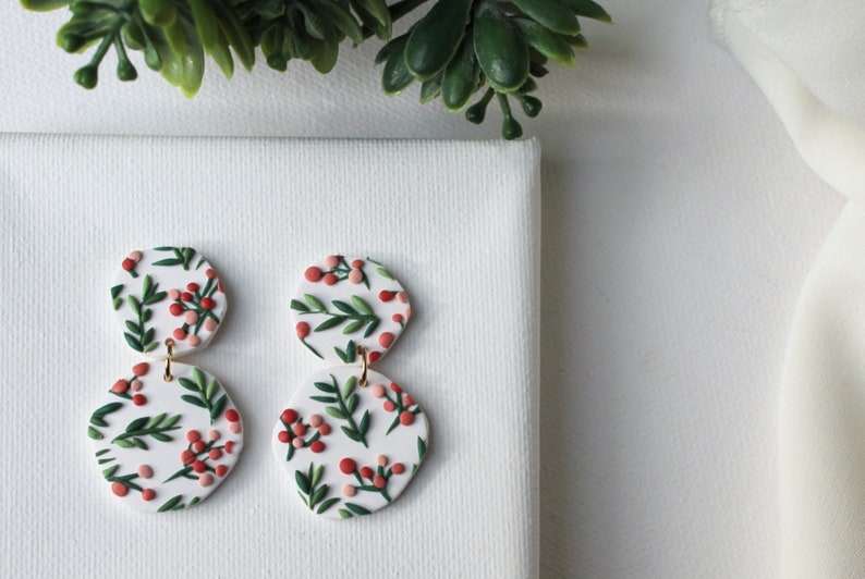 Polymer Clay Earrings, Christmas Earrings, Statement Earrings, Leaf Earrings, Winter Earrings, Holiday Earrings, Clay Earrings, Mistletoe image 2