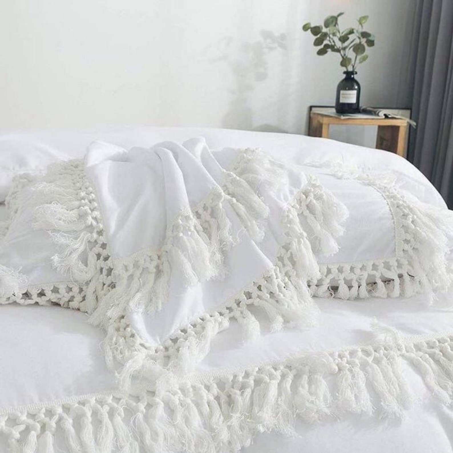 White Cotton Fringes Tassels Duvet Cover Boho Bedding 100 Etsy