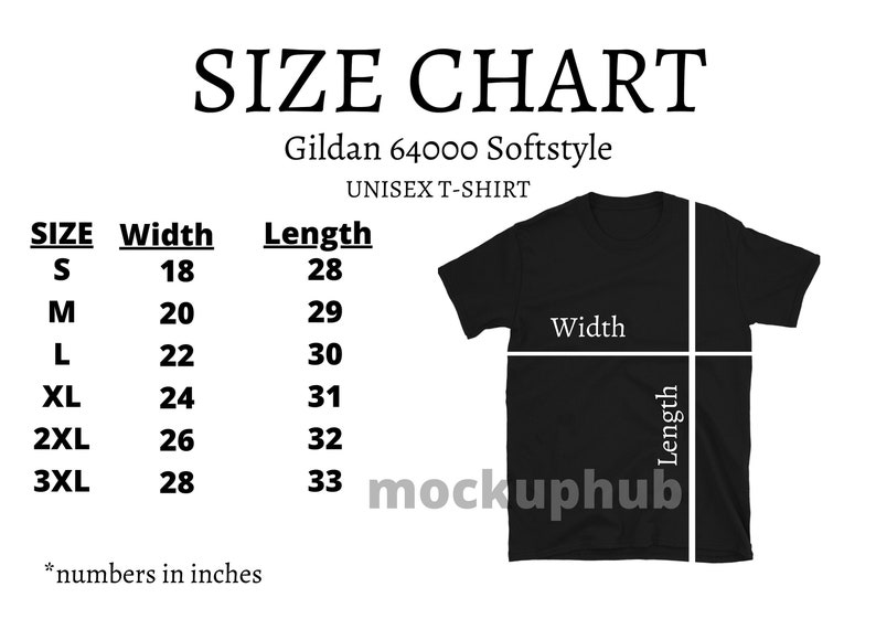 Size Chart Gildan 64000 Softstyle Mockup Shirt White Background Black ...
