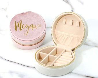 Caja de joyería redonda con cremallera personalizada, caja de joyería de terciopelo, caja para niñas de las flores, estuche de joyería de viaje, regalo para damas de honor, caja organizadora personalizada para bodas