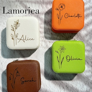 Regali per damigelle d'onore, portagioie con fiori di nascita incisi, regalo per lei, portagioie da viaggio, regalo di compleanno, regali per la festa nuziale